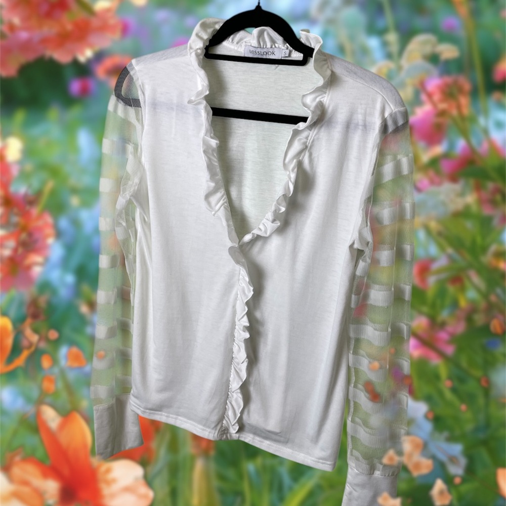 Misslook White Ruffle Top with Sheer Striped Long Sleeves - Picture 2 of 5